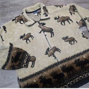 Natural Reflections Men's Zip Up Sweater - Beige and Brown Moose Pattern